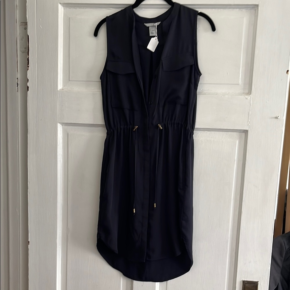 Sleeveless Navy Drawstring Shirt Dress
